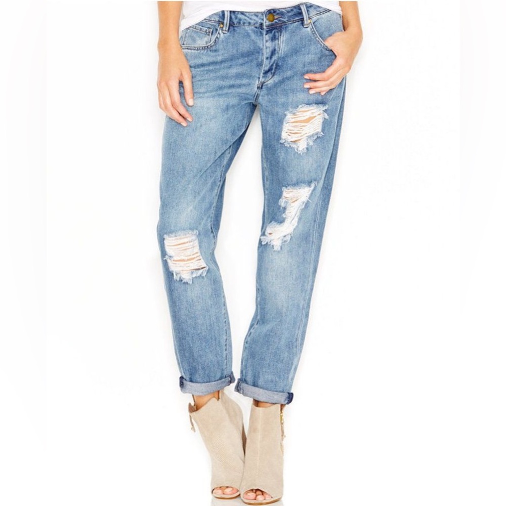 Rachel Roy 100% Cotton Denim Ripped Girlfriend Blue Ripped Jeans Size 25